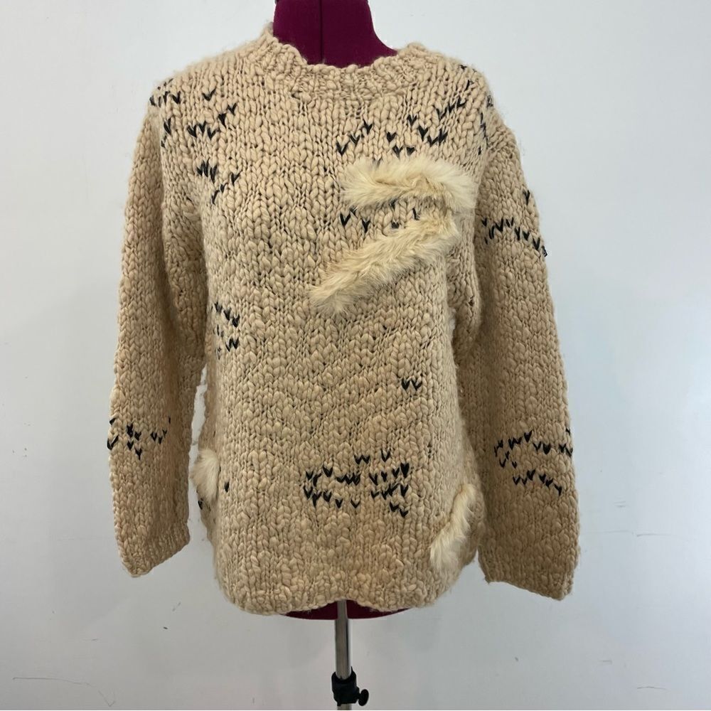 Vintage Brown Wool Chunky Knit Sweater with Rabbit Fur Patch Retro Style M/L